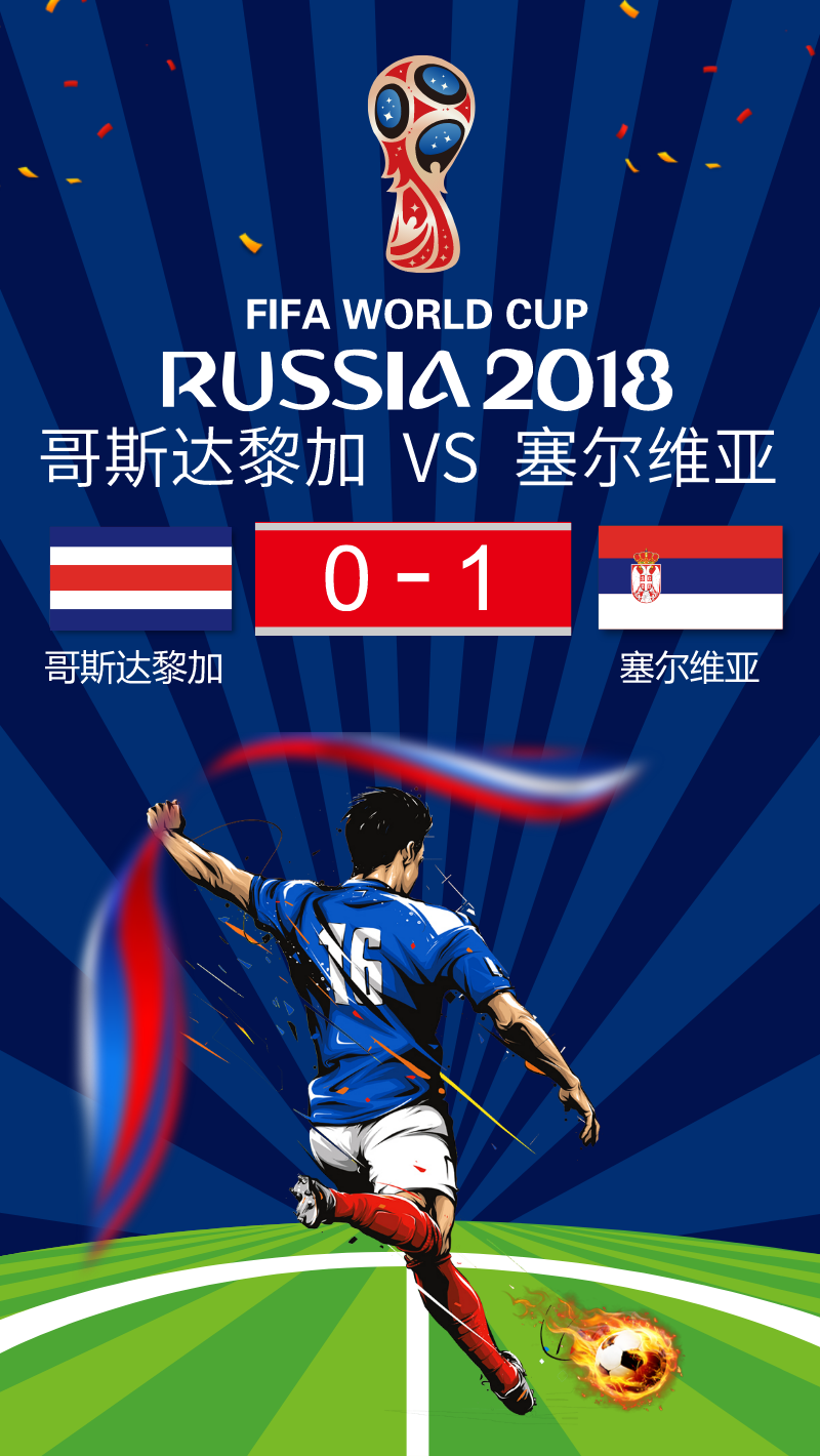 哥斯达黎加0-1塞尔维亚 科拉罗夫任意球破门制胜 世界杯手机海报素材图片